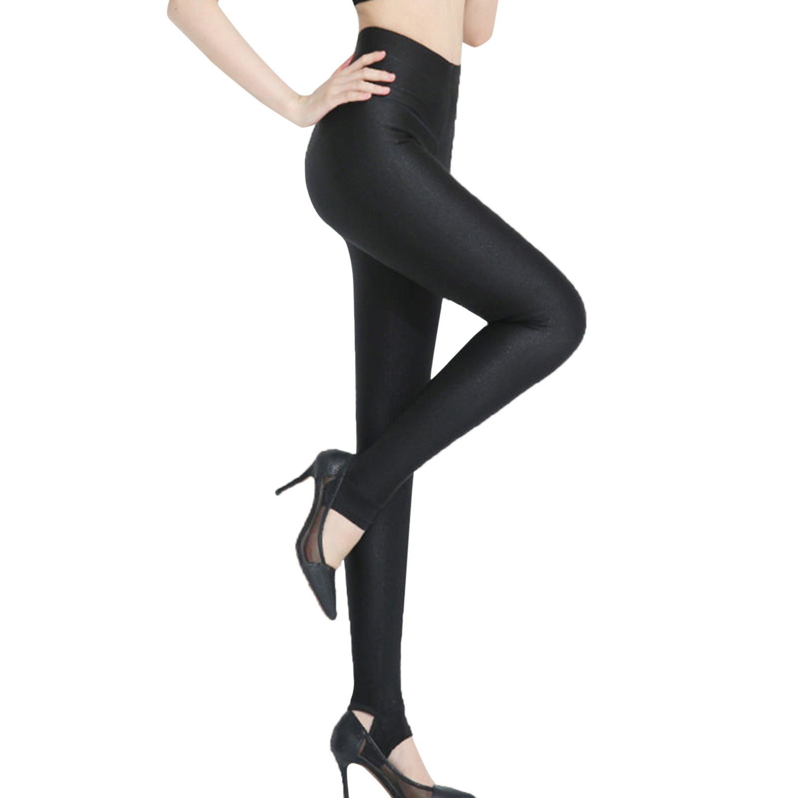 thumbnail image 3 of Leggings de imitación de cuero de cintura alta para mujer: pantalones elásticos de cuero sintético, diseño informal liso, cintura elástica, aptos para deporte y uso diario, 3 of 8